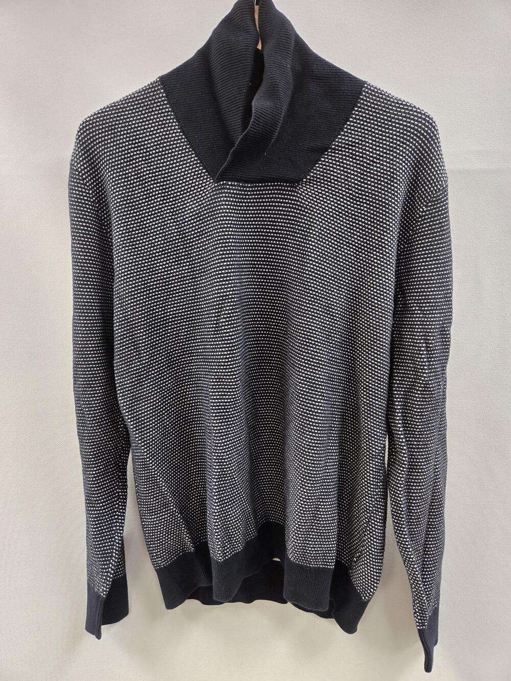 H&M Sweater Mens XL Black White Funnel Neck Birdseye Knit Cotton Ribbed Pullover